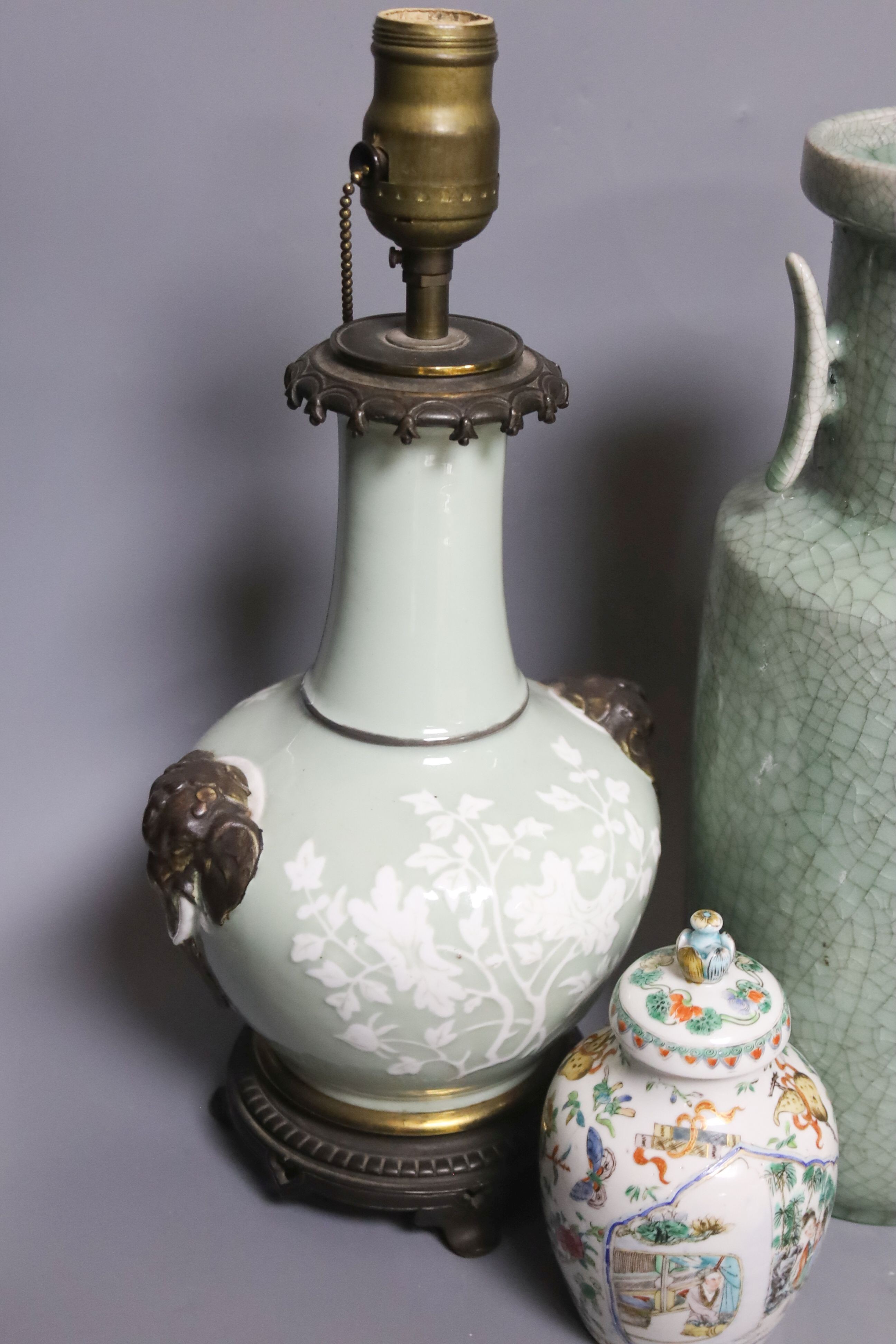 Four Chinese porcelain vases, one mounted as a lamp, 35cm